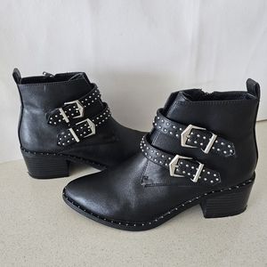 Pieces Ankle Boots Size 7 Black Punk Studded Winter Wester 3" Heel Leather  Shoe